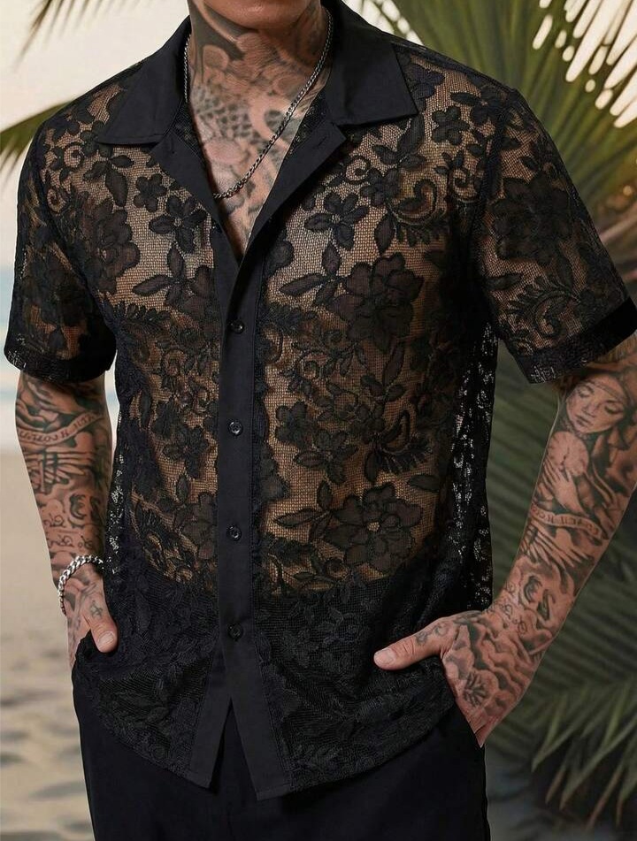 Men's Summer Beach Vacation Sheer Lace Loose Fit Drop Shoulder Shirt